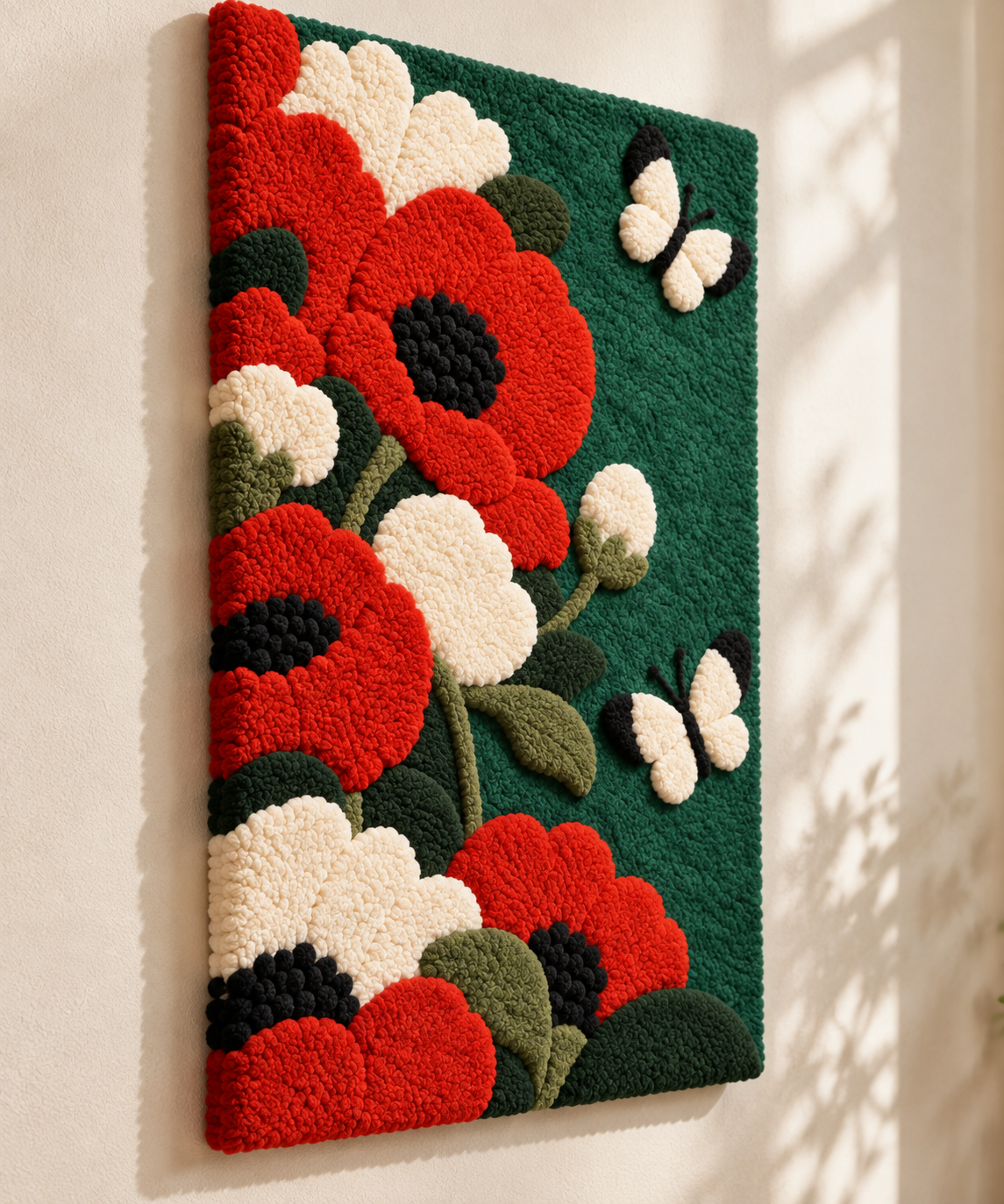 Poppies and Ivory Butterflies — angled relief view