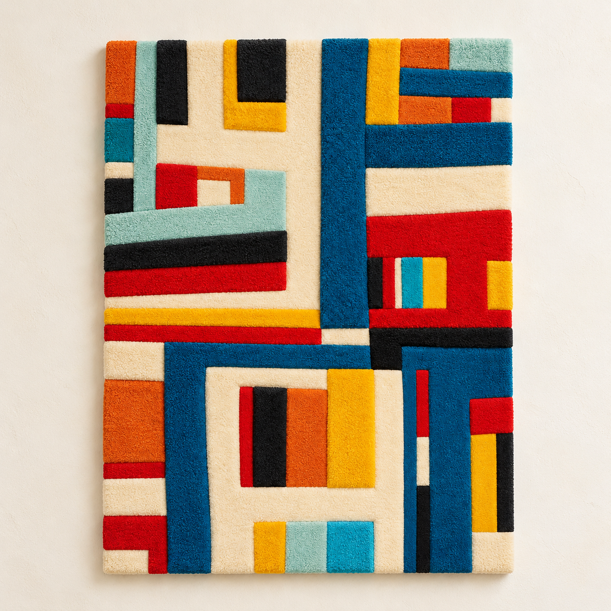 Hewn Earth wall art featuring an abstract primary grid intersections design in soft, natural tones on a light background.