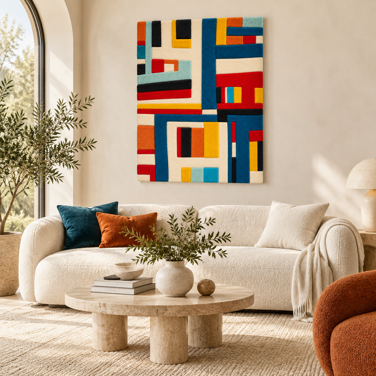 Hewn Earth primary grid intersections wall art, modern geometric design with interconnected lines and shapes, room decor.