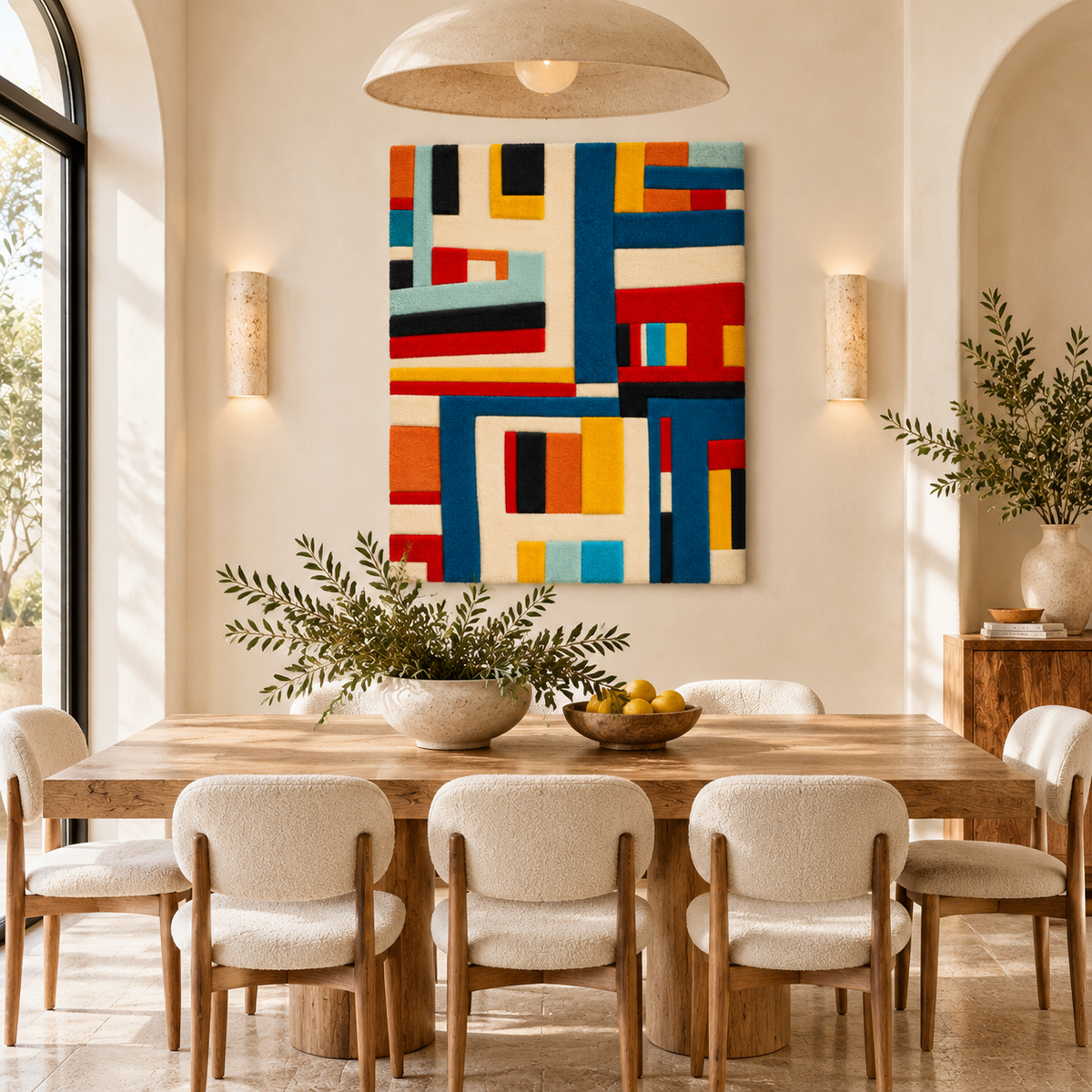Hewn Earth wall art featuring geometric primary grid intersections with a modern, abstract design on a neutral background.