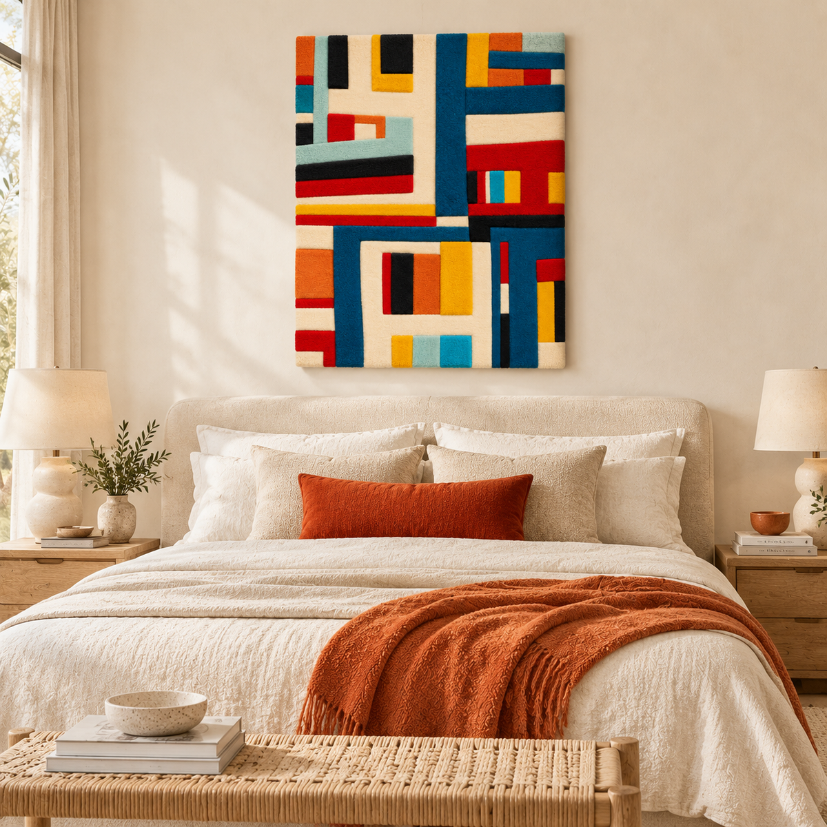 Hewn Earth wall art featuring a geometric primary grid intersections design, displayed on a modern room wall.
