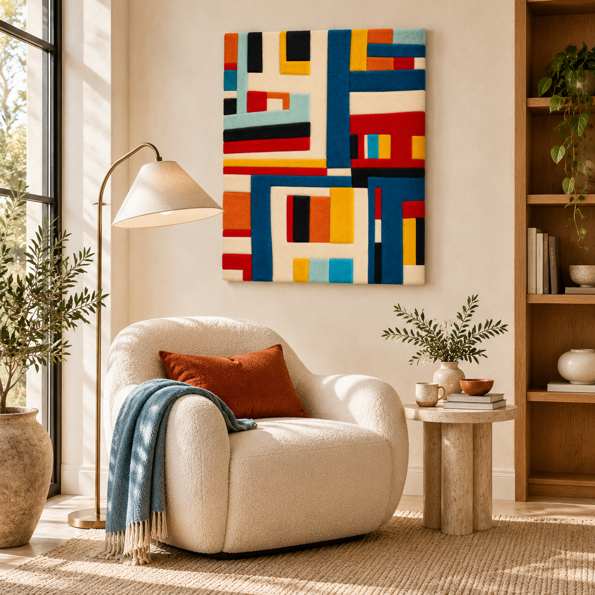 Hewn Earth wall art featuring a primary grid intersections design with geometric patterns, displayed on a room wall.