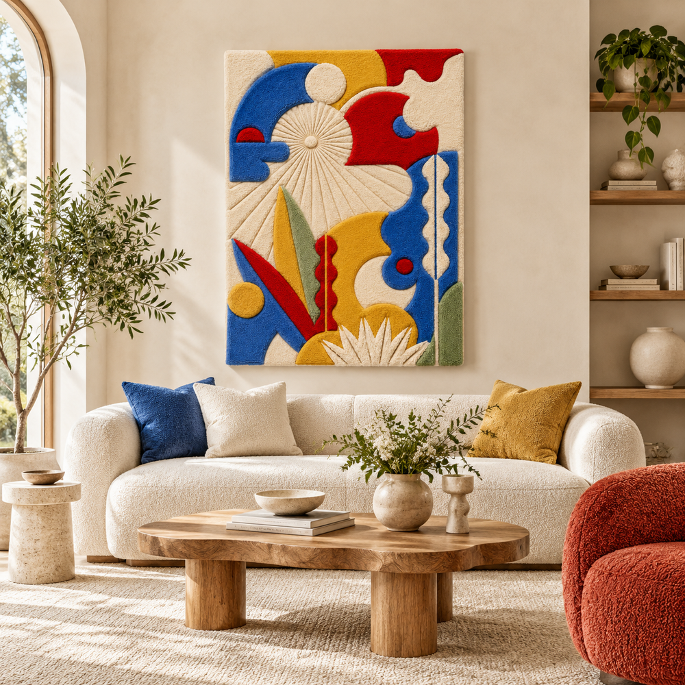 Hewn Earth Primary Rhythm wall art featuring abstract geometric design in neutral tones, suitable for modern interior decor.