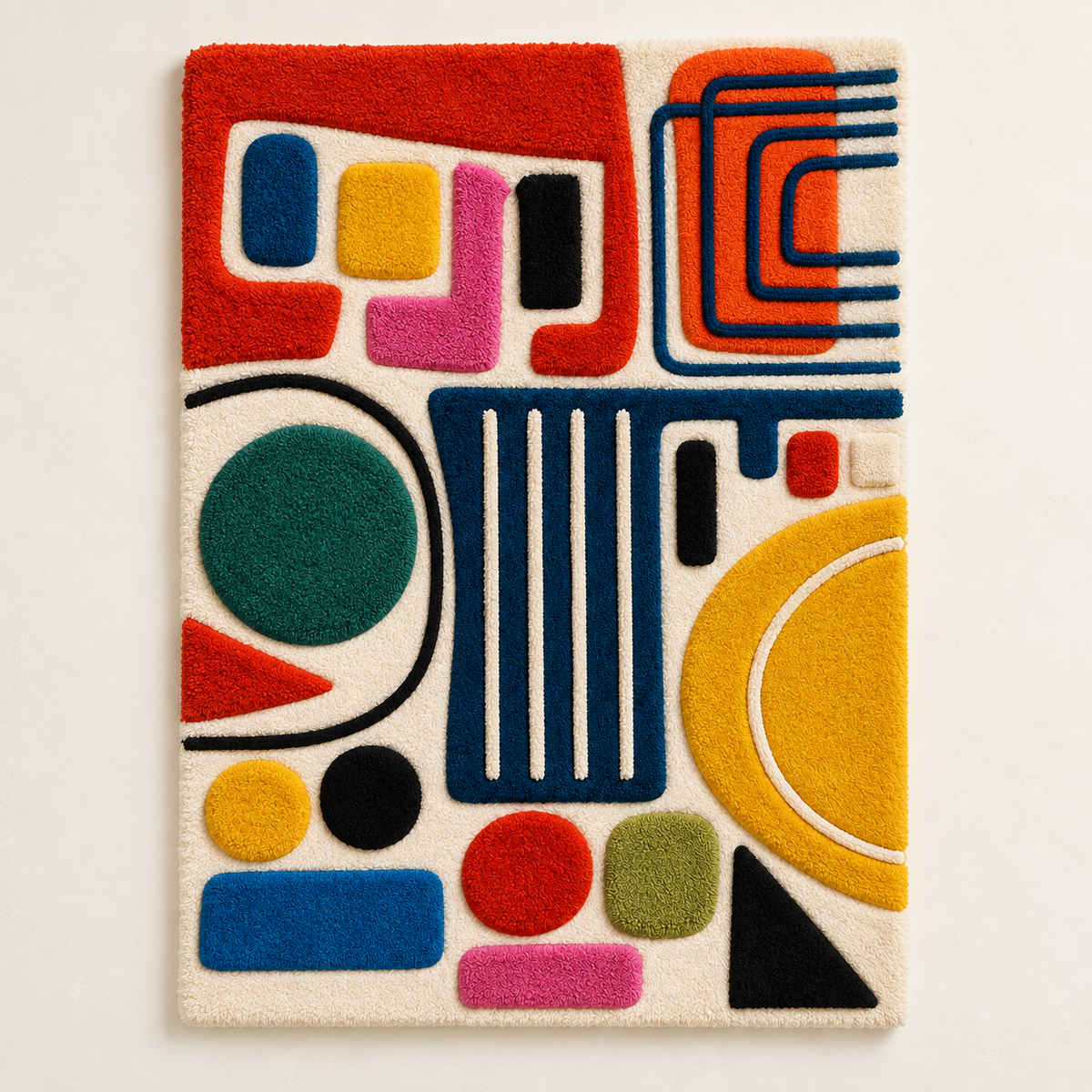Hewn Earth Primary Shape Parade wall art featuring colorful geometric shapes on a neutral background.