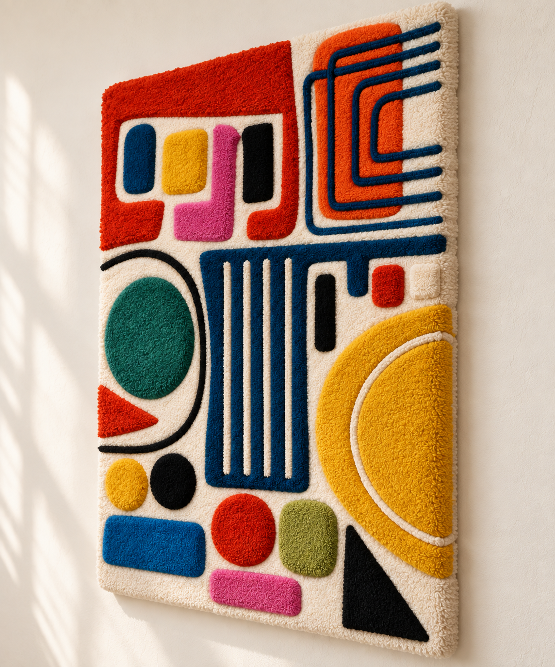 Hewn Earth Primary Shape Parade wall art featuring colorful geometric shapes arranged in a playful pattern.