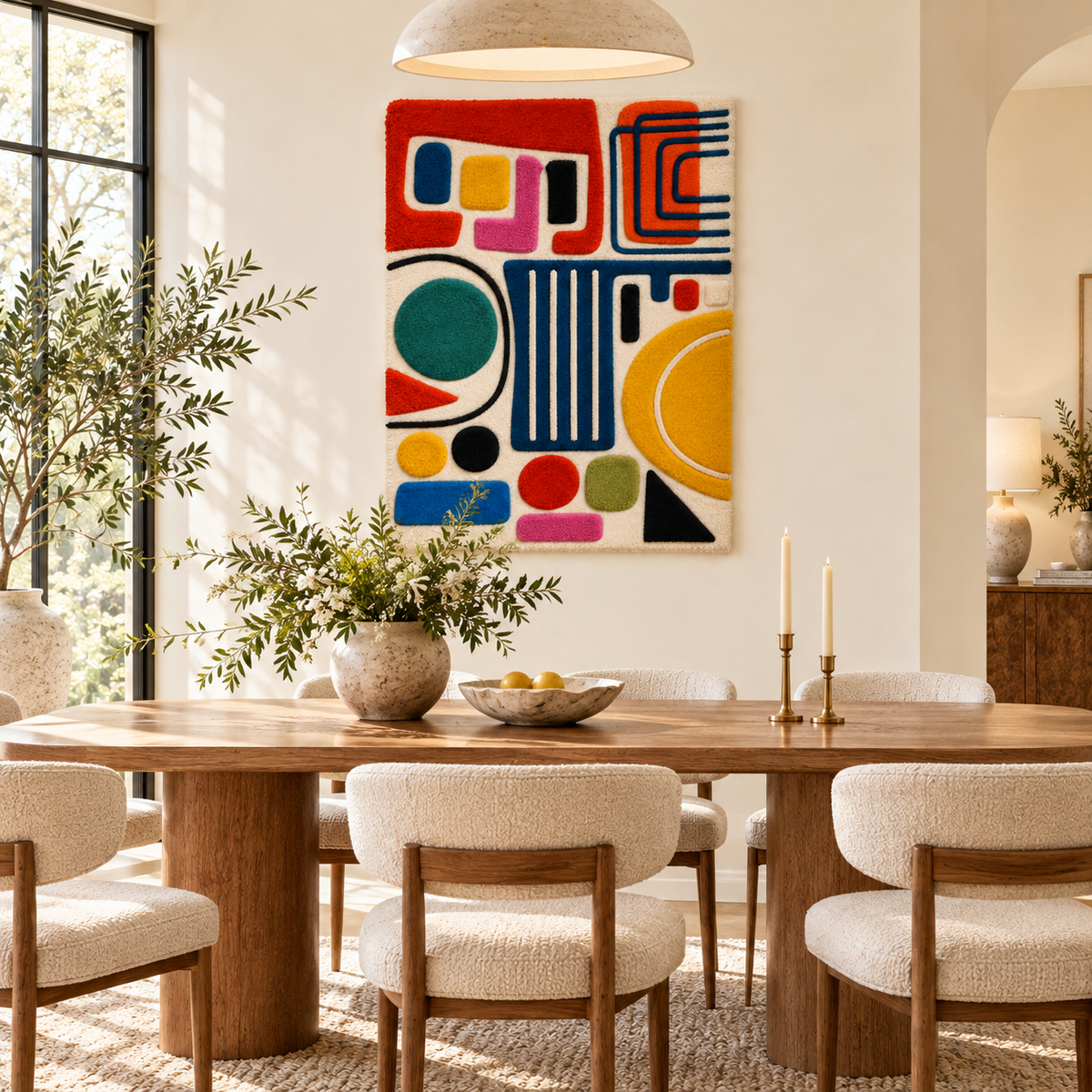 Hewn Earth Primary Shape Parade wall art featuring colorful geometric shapes arranged in an abstract design.
