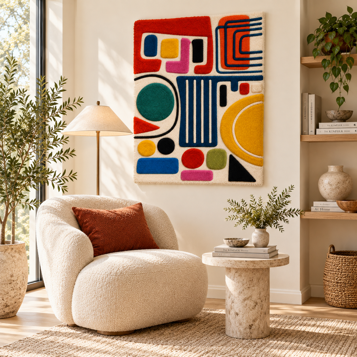 Hewn Earth Primary Shape Parade wall art featuring colorful abstract geometric shapes on a neutral background.