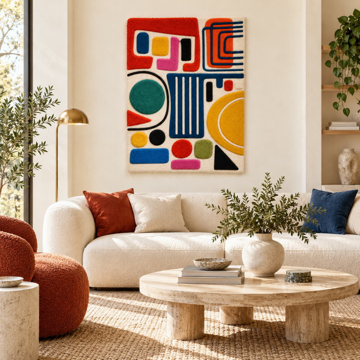 Hewn Earth Primary Shape Parade wall art featuring colorful geometric shapes displayed on a room wall.