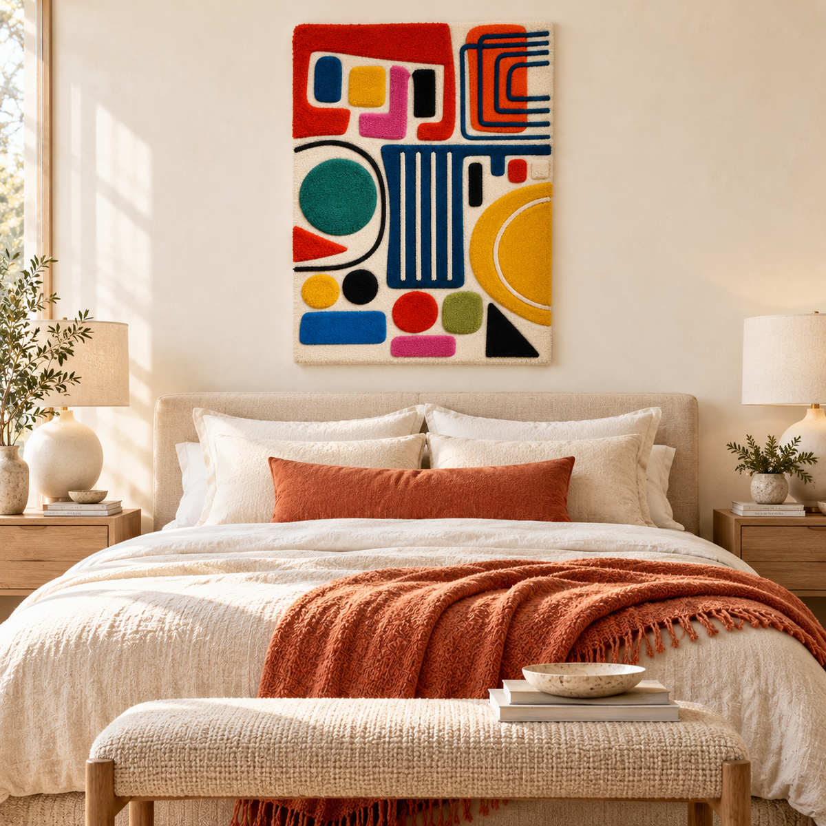 Hewn Earth Primary Shape Parade wall art featuring colorful geometric shapes on a neutral background for modern decor.