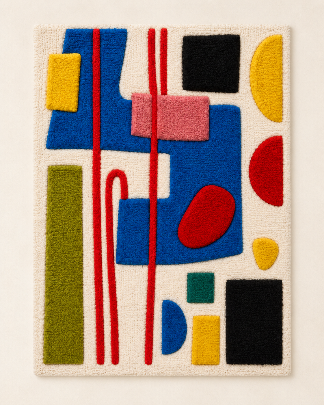 Hewn Earth wall art featuring primary shapes and red rails in a modern, abstract design on a neutral background.