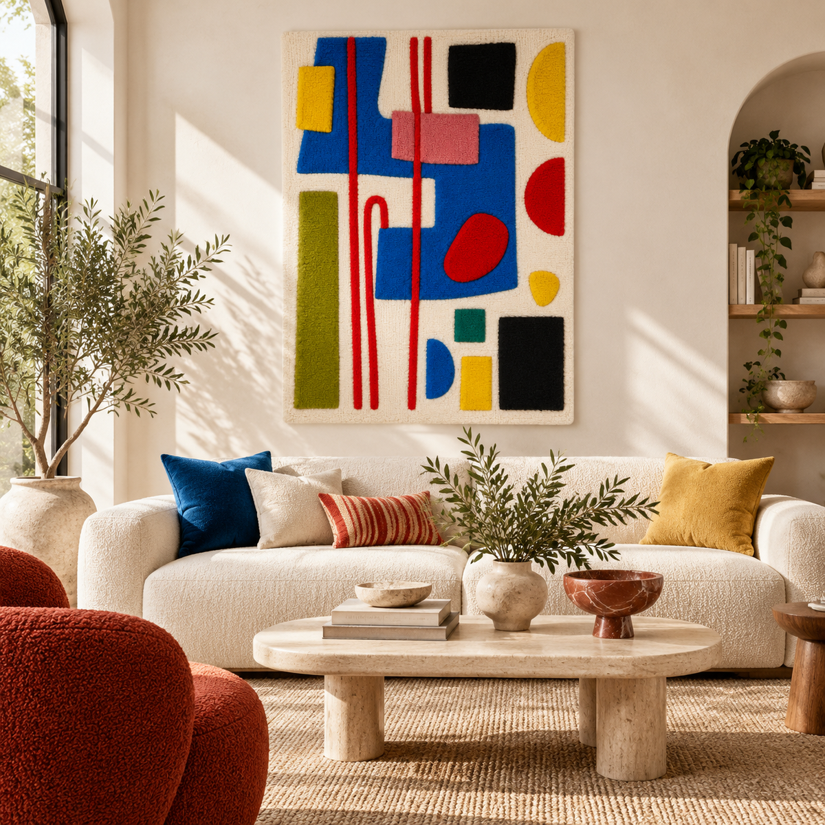 Hewn Earth wall art featuring primary shapes and red rails with geometric abstract design for modern home decor.