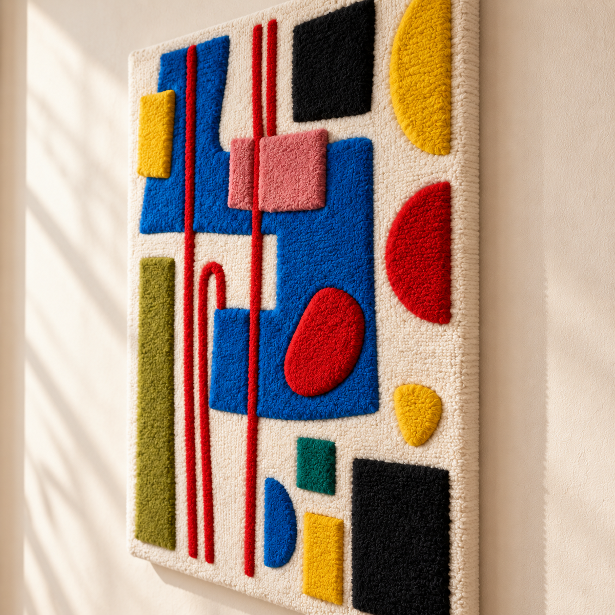 Hewn Earth wall art featuring primary shapes and red rails with geometric design, displayed from an angled view.