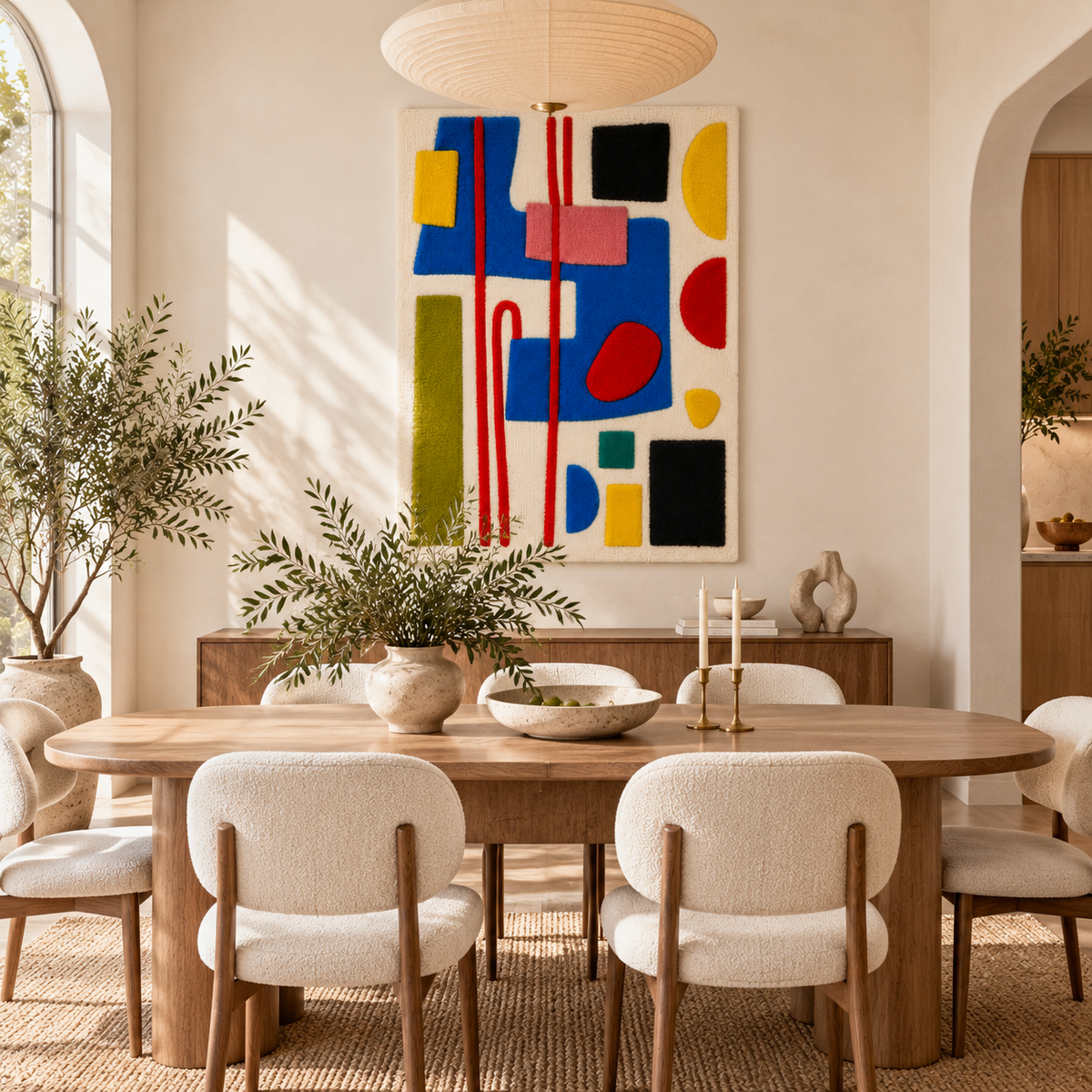 Hewn Earth wall art featuring colorful primary shapes and red rails displayed in a modern room scene.