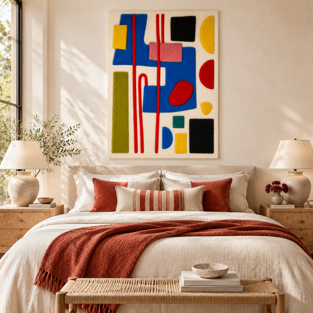 Hewn Earth wall art featuring primary shapes and red rails in a modern room decor scene.