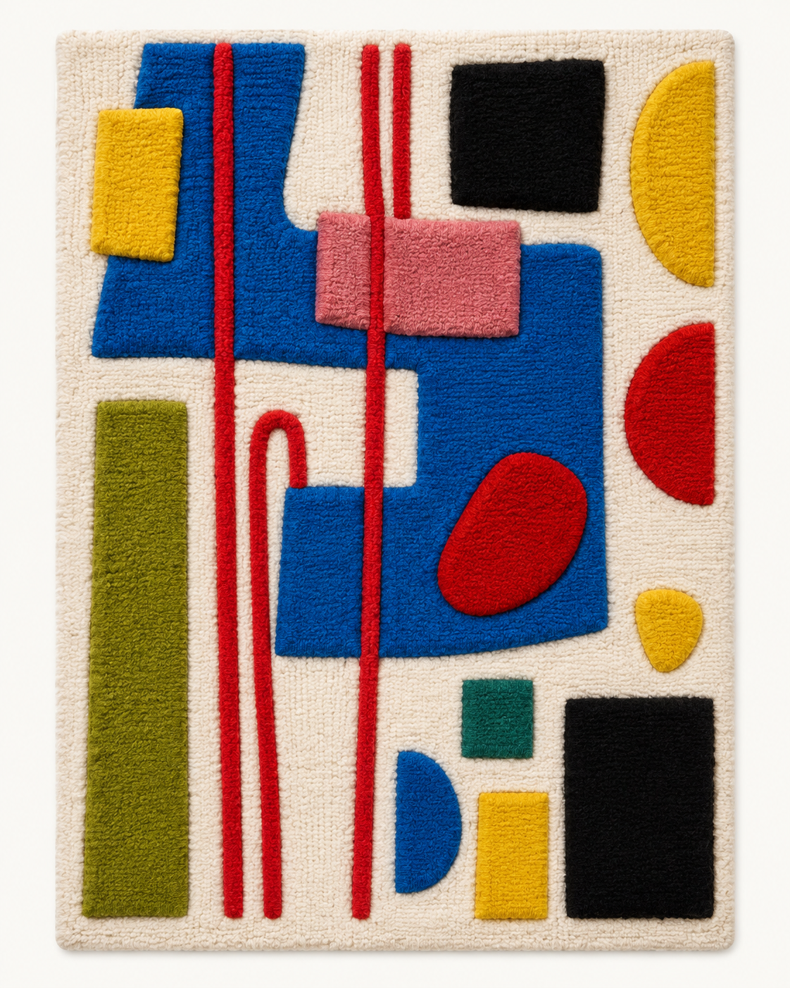 Hewn Earth wall art featuring primary shapes and red rails with bold, colorful geometric design on a white background.