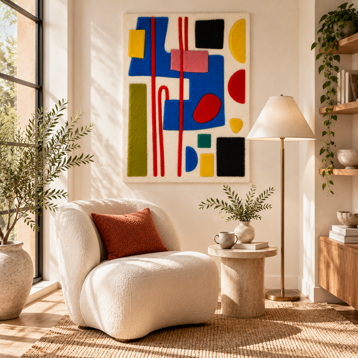 Hewn Earth wall art featuring primary shapes and red rails displayed in a modern room scene.