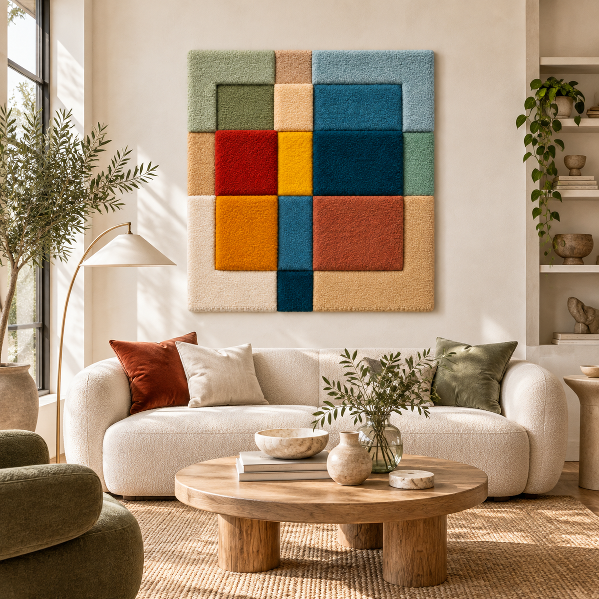Hewn Earth prism window wall art in earth tones, featuring a geometric design, displayed on a room wall.