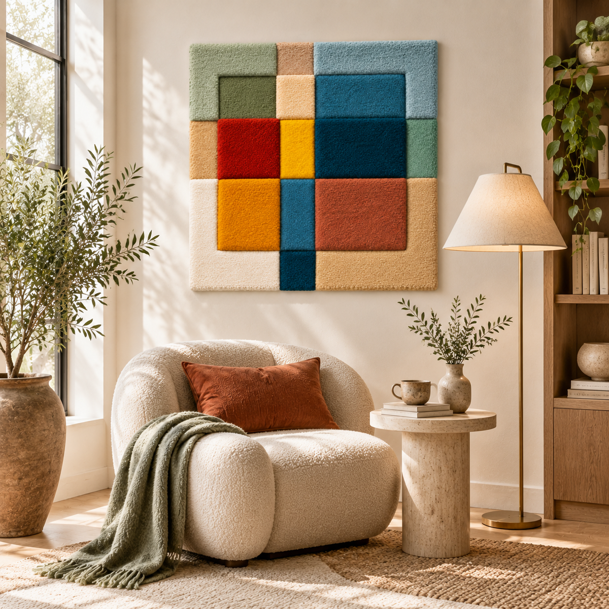 Hewn Earth Prism Window wall art with earth tones hanging on a living room wall, adding a natural decorative touch.