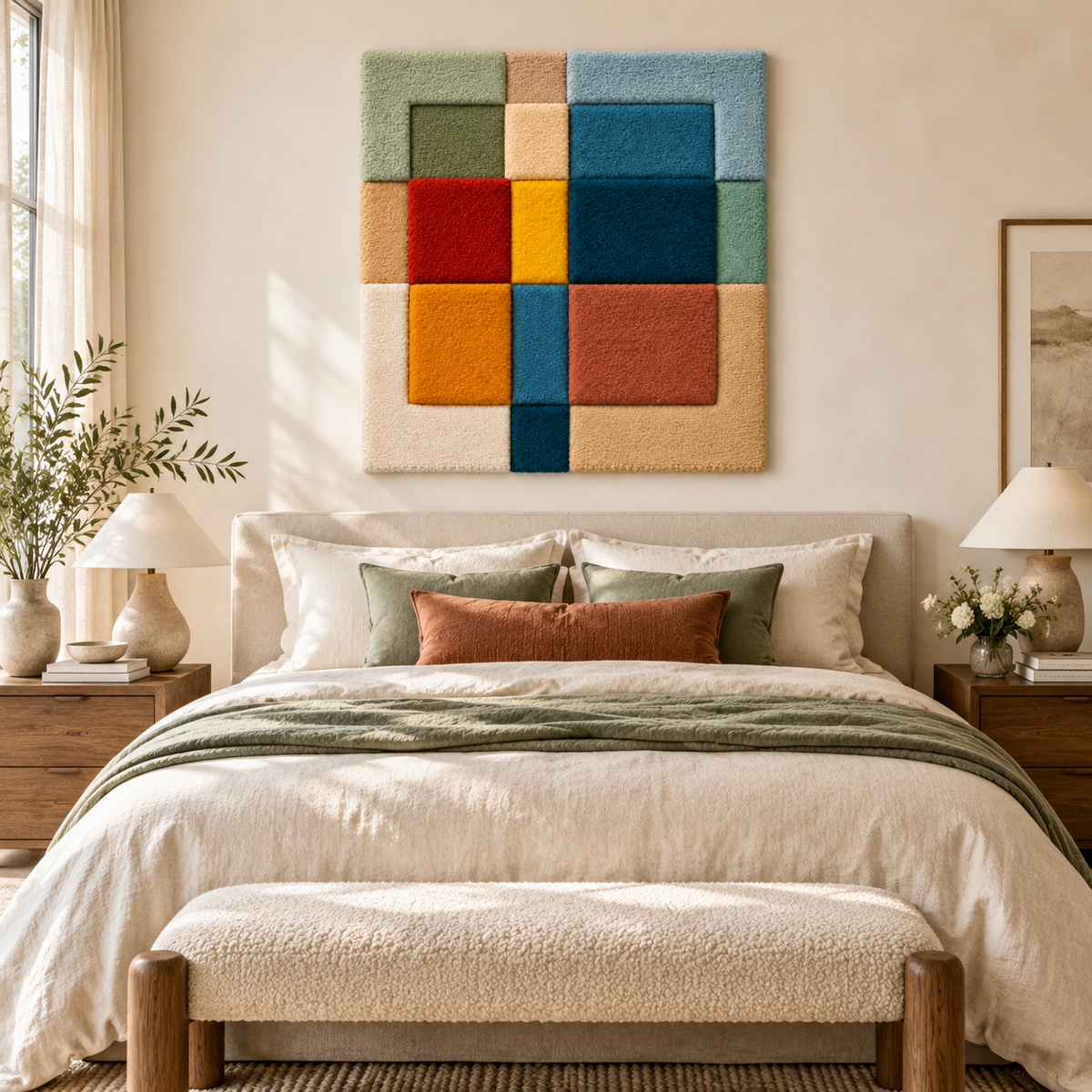 Hewn Earth Prism Window wall art with earth-tone colors, hanging in a modern room scene, showcasing geometric design and warm hues.