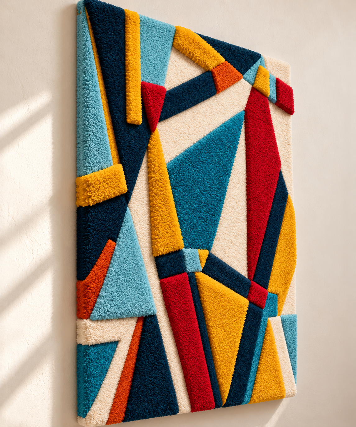 Hewn Earth Prismatic Ribbon Fracture wall art featuring vibrant, geometric abstract design with colorful ribbon-like shapes.