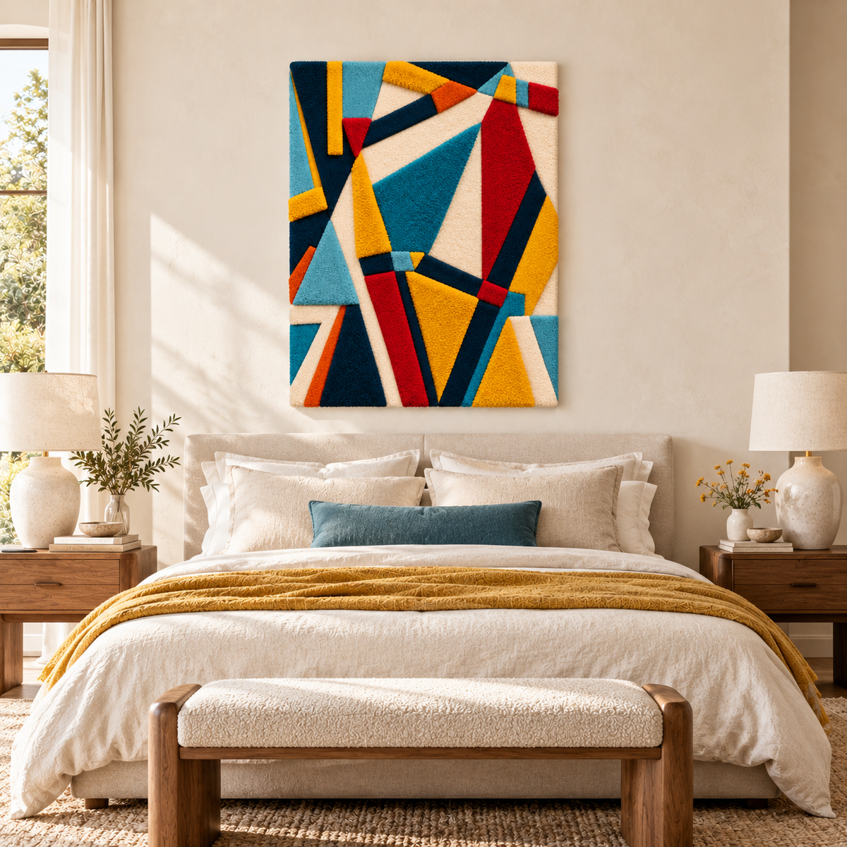 Hewn Earth Prismatic Ribbon Fracture wall art featuring vibrant, abstract geometric shapes in a modern interior setting.