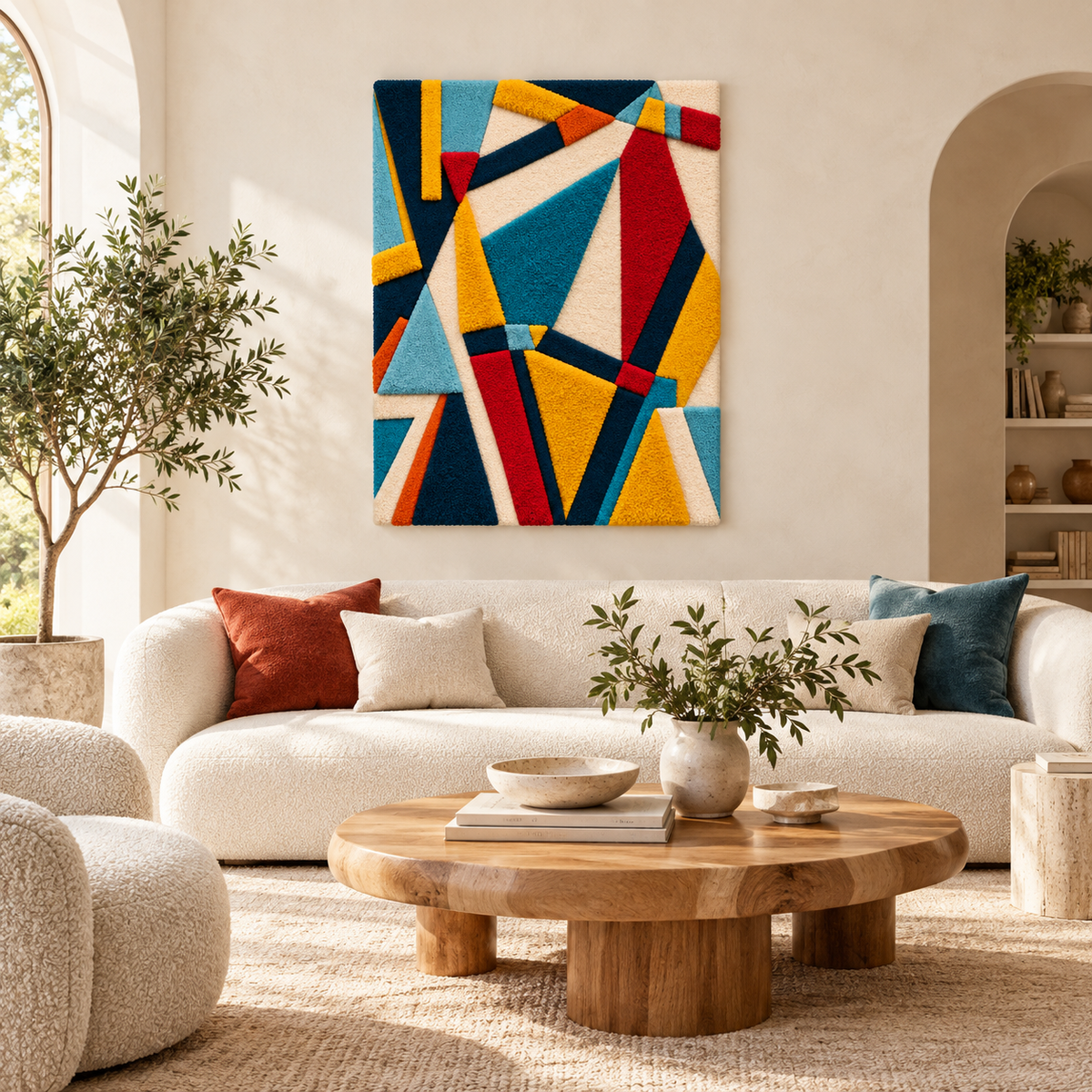 Hewn Earth Prismatic Ribbon Fracture wall art featuring colorful, abstract geometric shapes in a modern room setting.