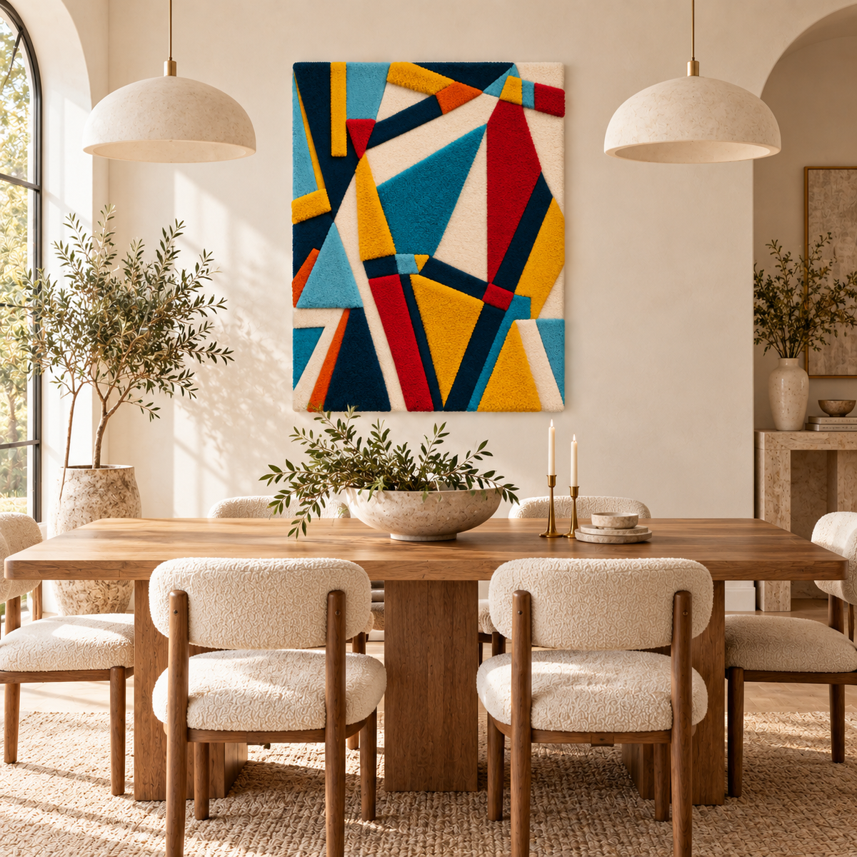 Hewn Earth Prismatic Ribbon Fracture wall art featuring colorful geometric ribbon design on a room wall.