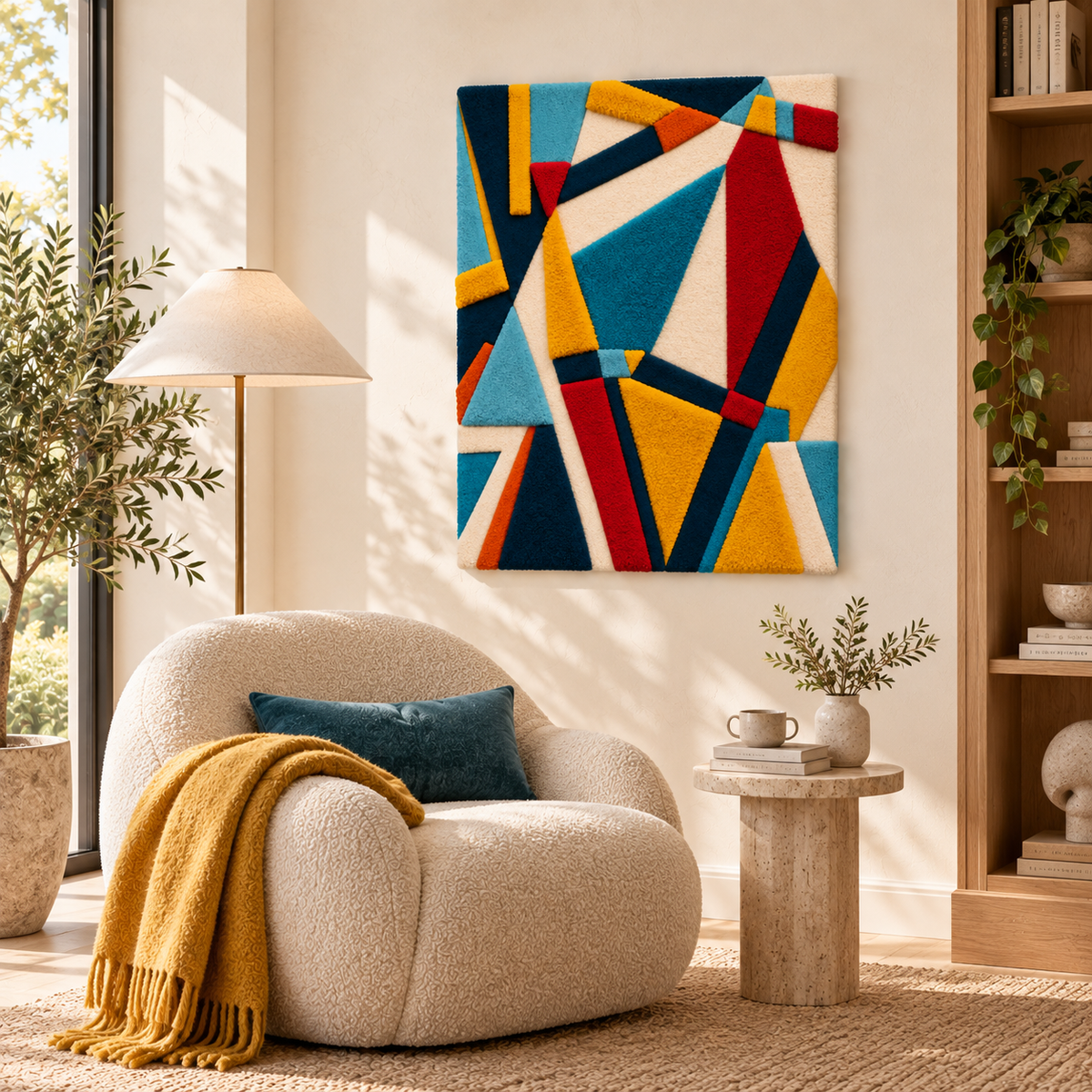Hewn Earth Prismatic Ribbon Fracture wall art featuring vibrant, abstract geometric shapes in a modern room setting