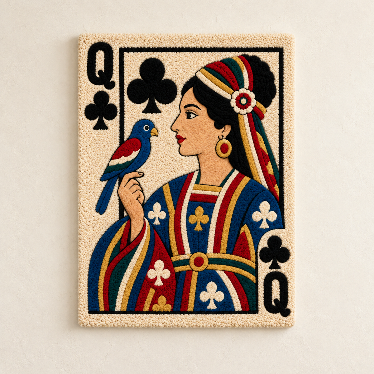 Hewn Earth Queen of Clubs wall art featuring a songbird, decorative illustration with vibrant colors on a light background.