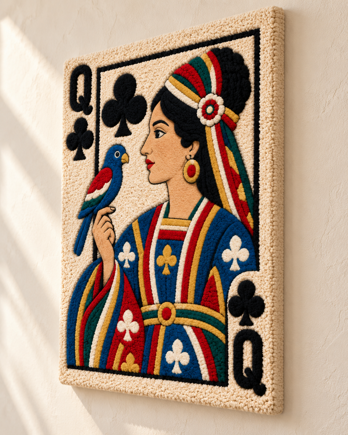 Hewn Earth wall art featuring the Queen of Clubs playing a songbird, with a detailed, artistic illustration in a natural setting.