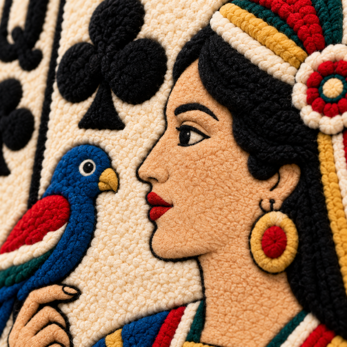Hewn Earth Queen of Clubs wall art featuring a detailed illustration of a queen playing cards with a songbird.
