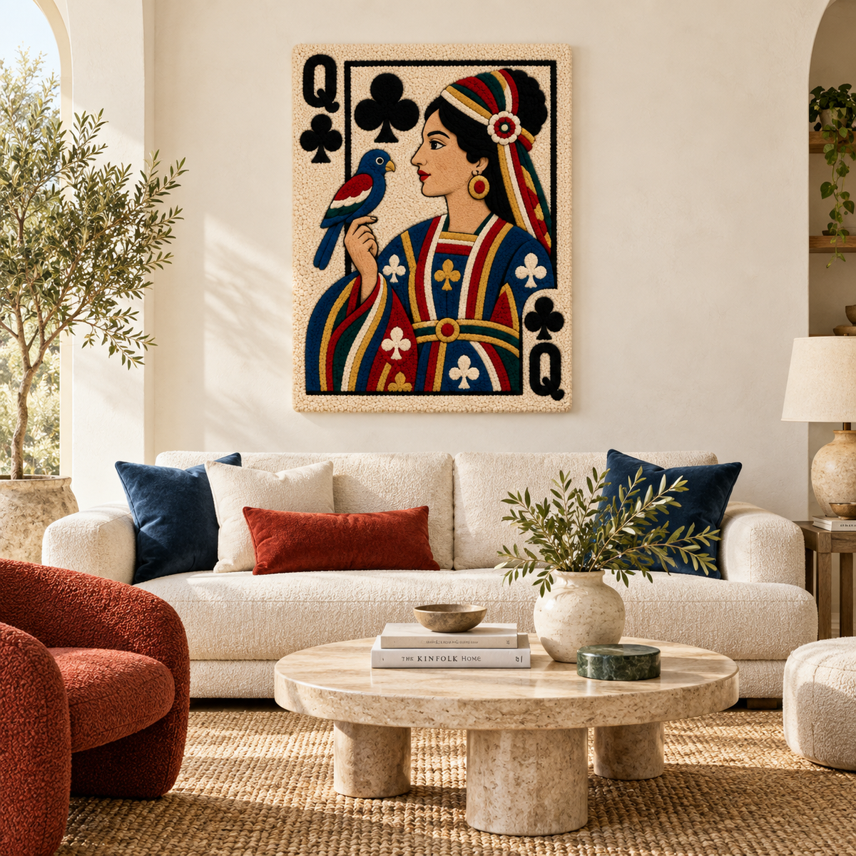 Hewn Earth Queen of Clubs wall art featuring a stylized queen playing cards with a songbird, displayed on a modern interior wall.