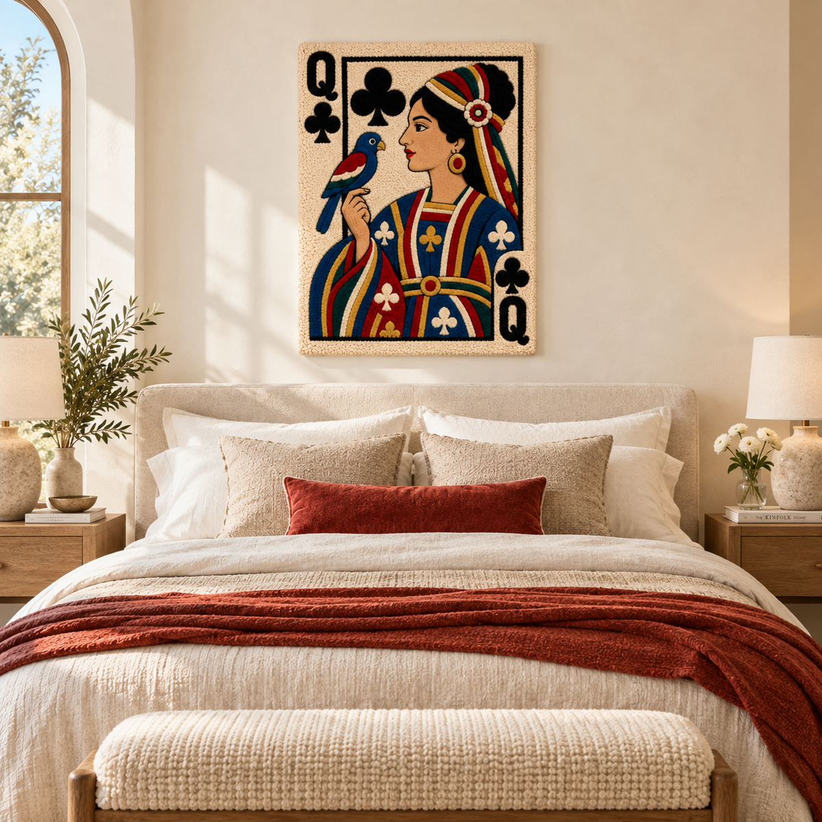 Hewn Earth Queen of Clubs wall art featuring a stylized queen with a songbird, vibrant colors, and intricate design for home decor.