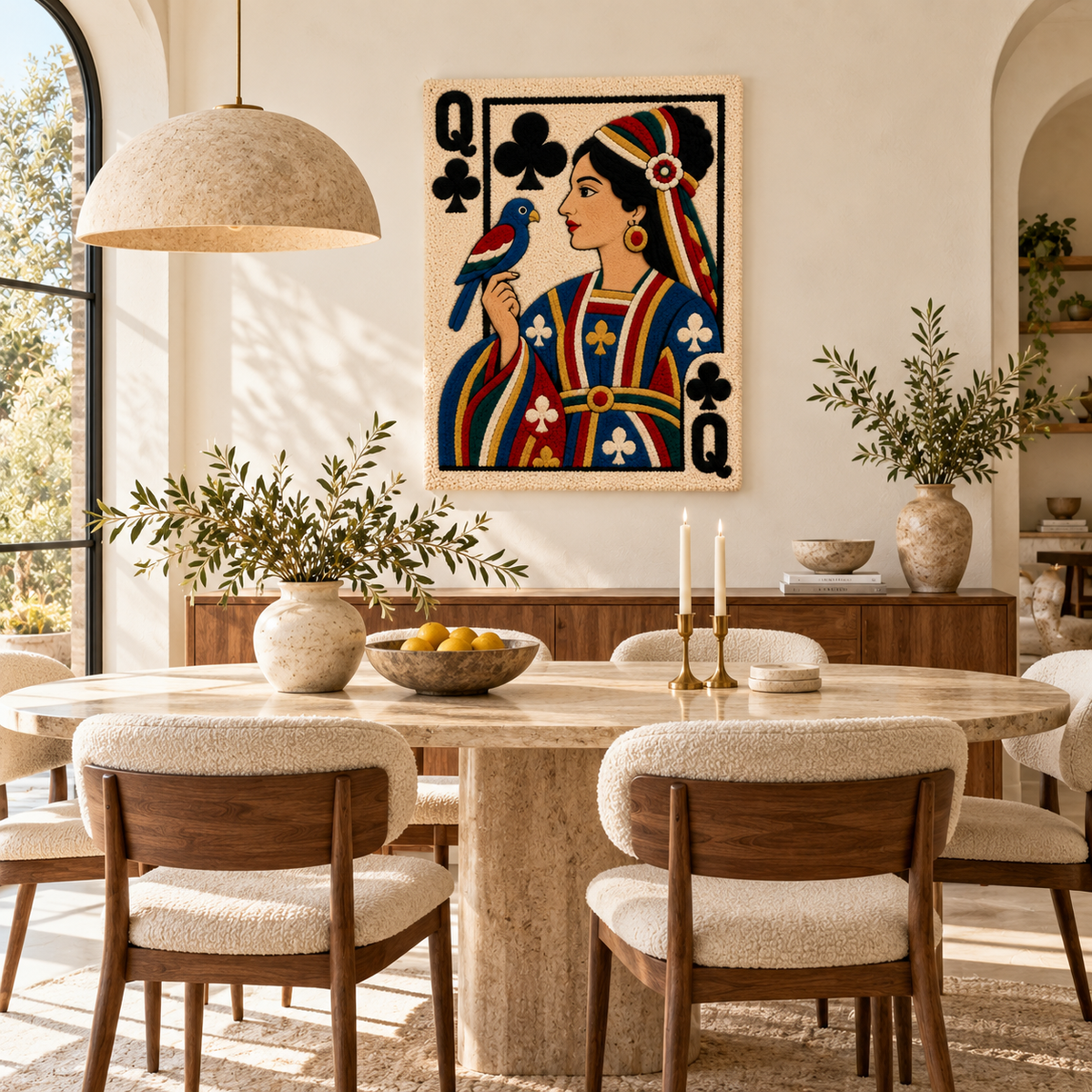 Hewn Earth Queen of Clubs wall art featuring a regal queen with a songbird, vibrant colors and intricate design on a wall.