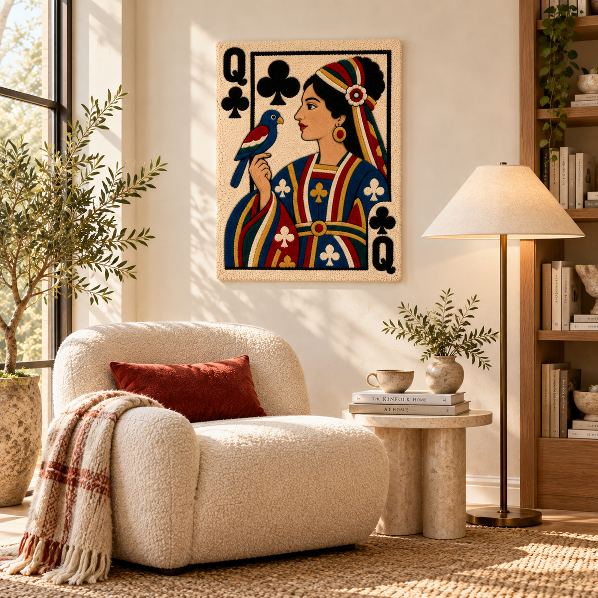 Wall art featuring a Queen of Clubs playing a songbird, created by Hewn Earth, with vibrant, detailed illustration displayed in a room.