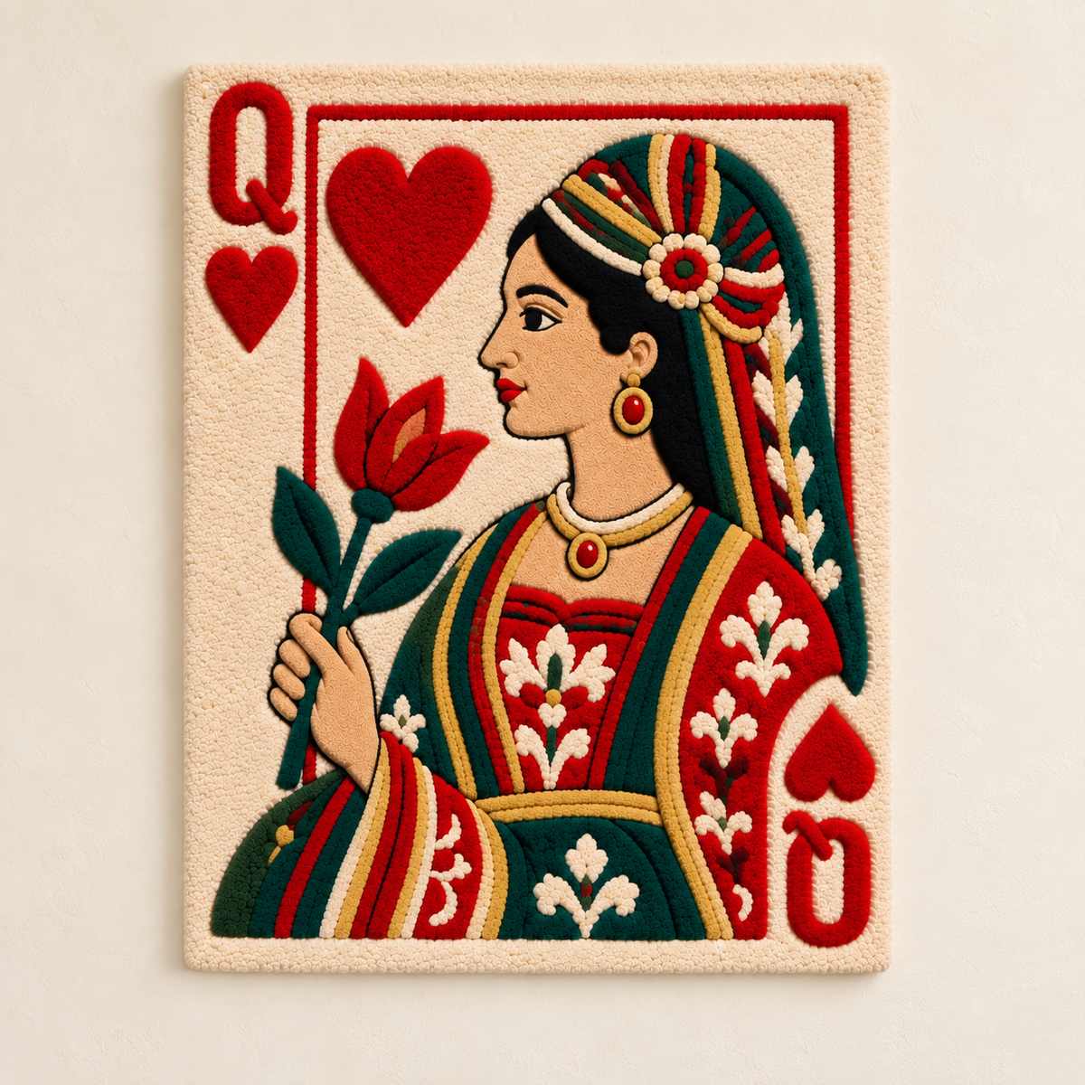 Hewn Earth wall art featuring Queen of Hearts holding a red tulip, vibrant illustration on a white background.