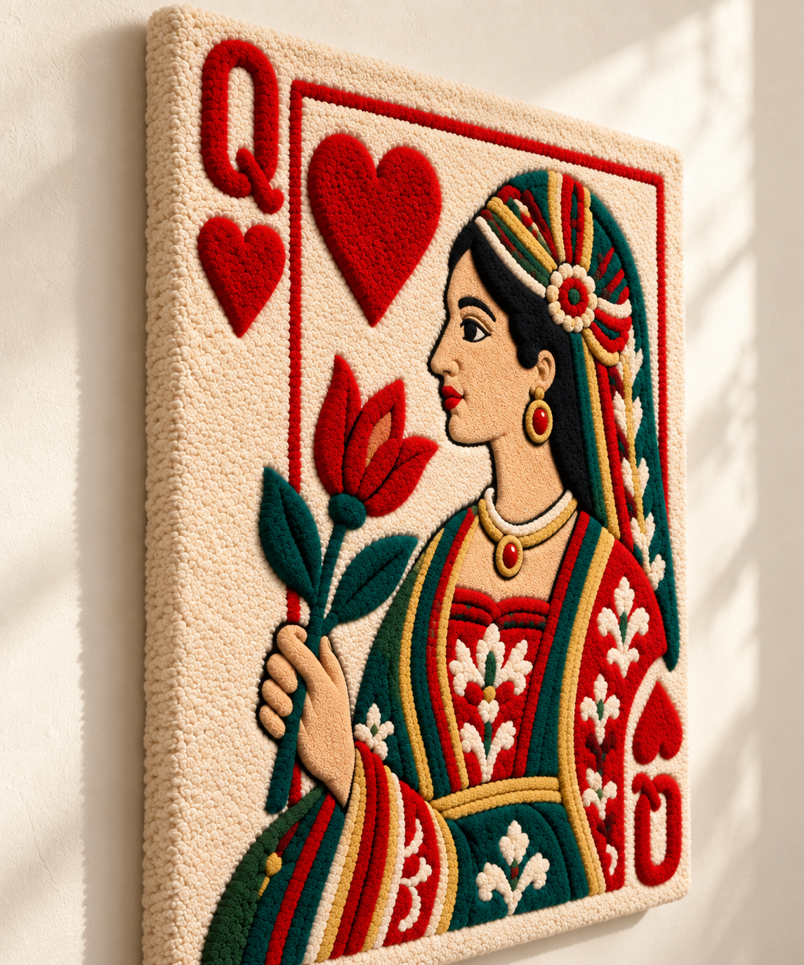Hewn Earth wall art featuring a Queen of Hearts playing card with a vibrant red tulip, displayed from an angled view.
