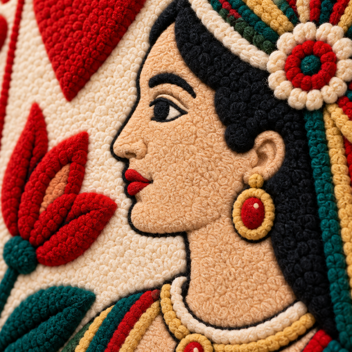 Detailed wall art featuring the Queen of Hearts playing card with a red tulip, by Hewn Earth, showcasing intricate design and vibrant colors.