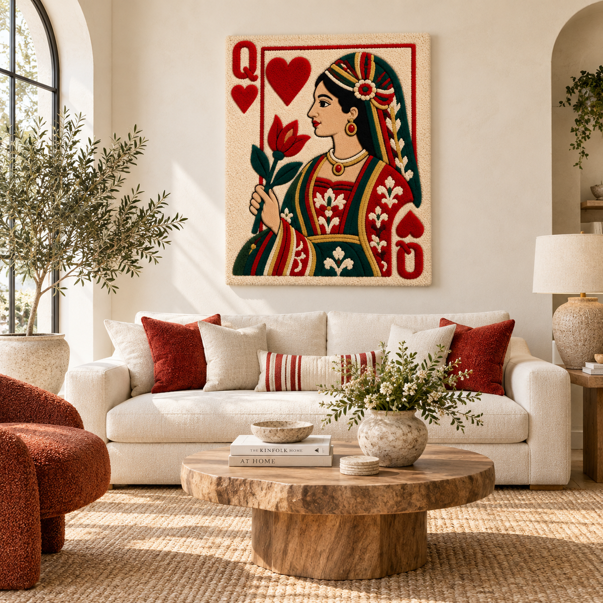 Hewn Earth wall art featuring Queen of Hearts playing card with a vibrant red tulip illustration, displayed on a room wall.