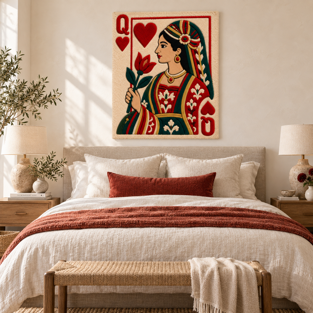 Hewn Earth Queen of Hearts wall art featuring a red tulip, displayed on a room wall with a modern, artistic design