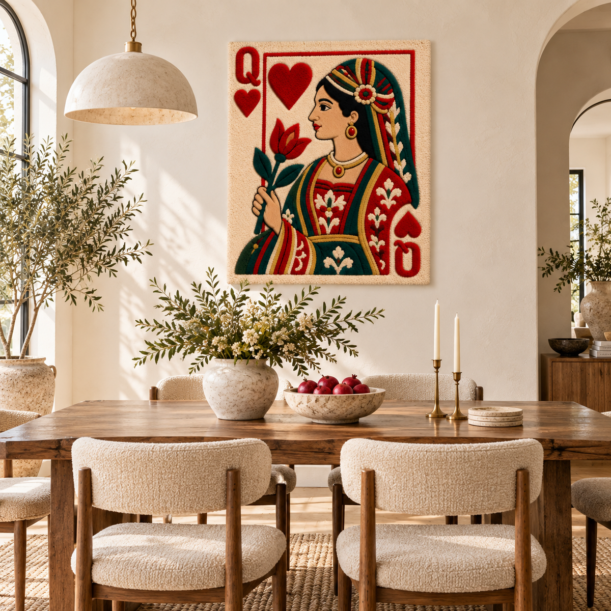 Hewn Earth wall art featuring Queen of Hearts playing card with a vibrant red tulip on a neutral background.
