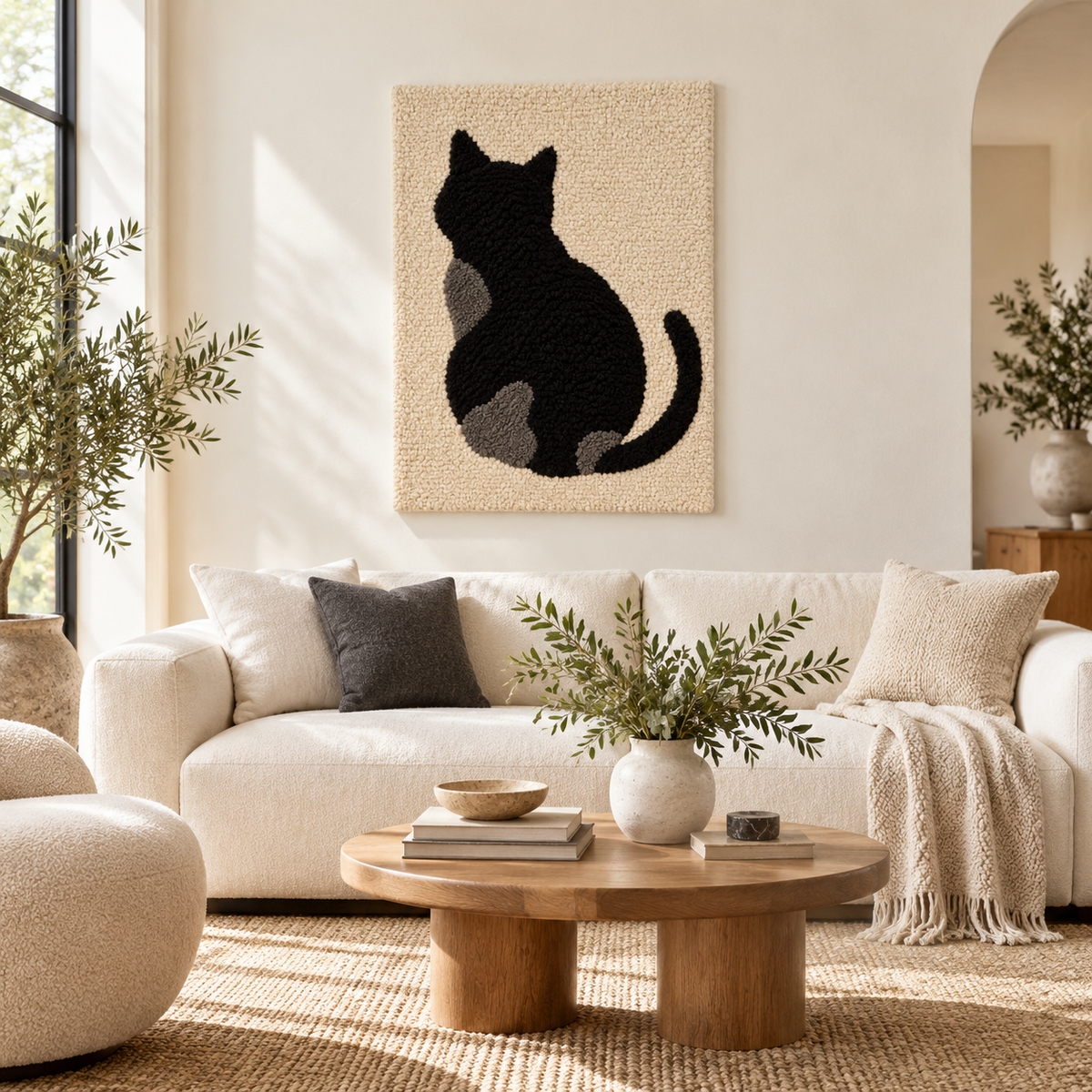 Hewn Earth Quiet Cat silhouette wall art, black feline design on a light background, decorative home wall decor.