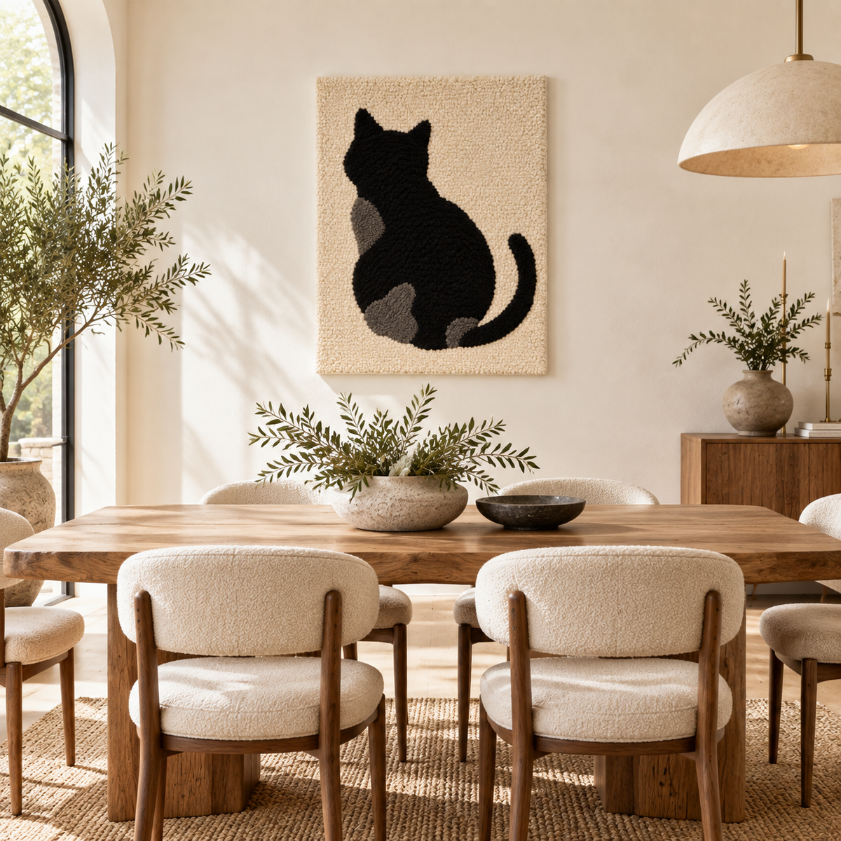 Hewn Earth Quiet Cat silhouette wall art displayed on a room wall, showcasing a minimalist black cat design as home decor.