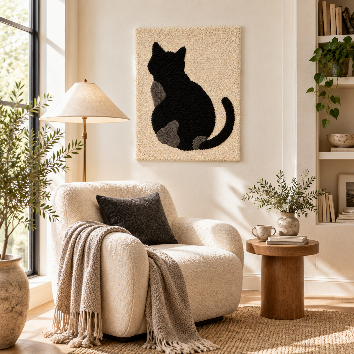 Hewn Earth Quiet Cat silhouette wall art hanging on a room wall, featuring a sleek feline design in a modern home decor setting