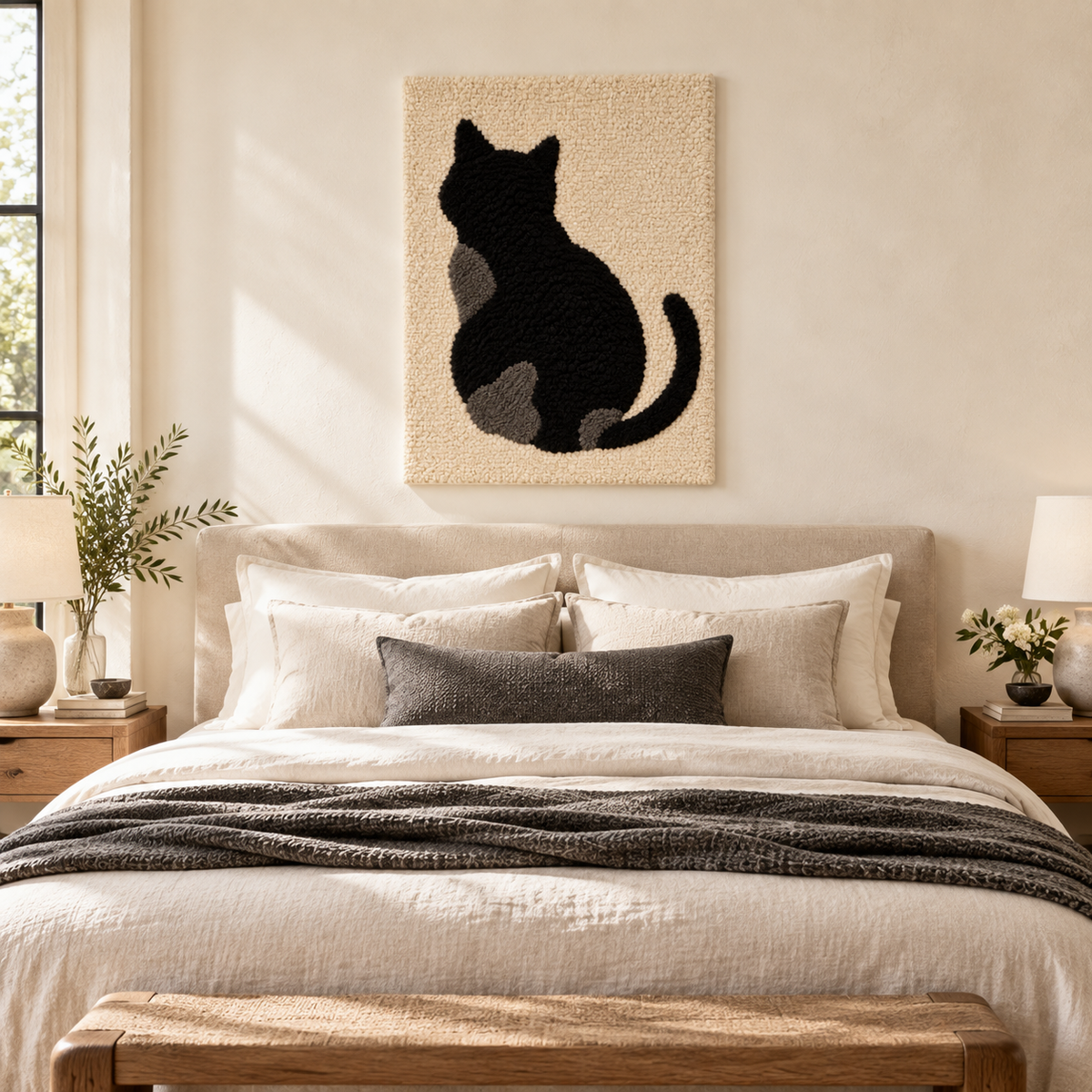 Hewn Earth Quiet Cat silhouette wall art hanging on a wall, minimalist design, black cat shape in a modern room scene