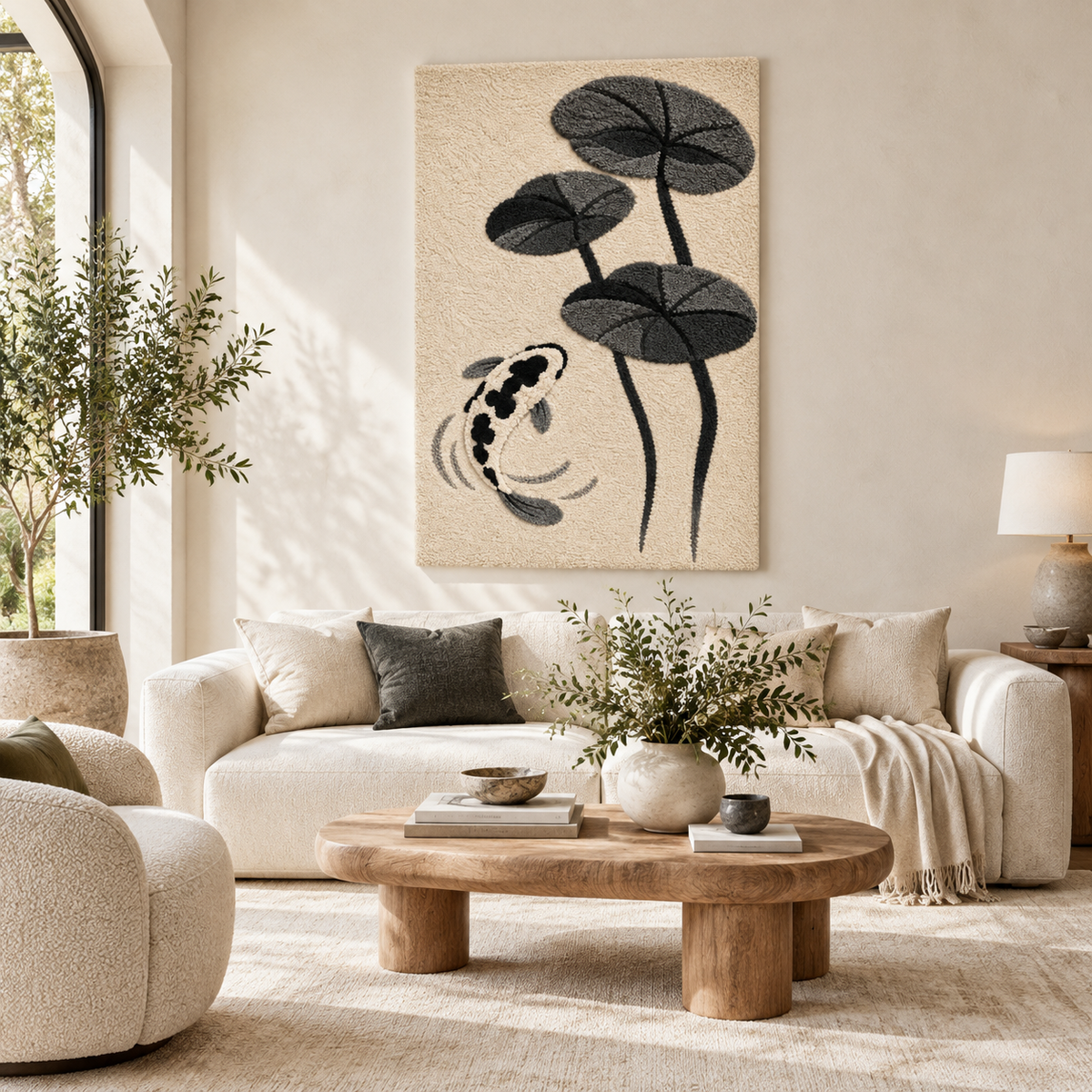 Hewn Earth Quiet Koi and Lotus wall art featuring serene koi fish and lotus flowers in a calming, natural design.