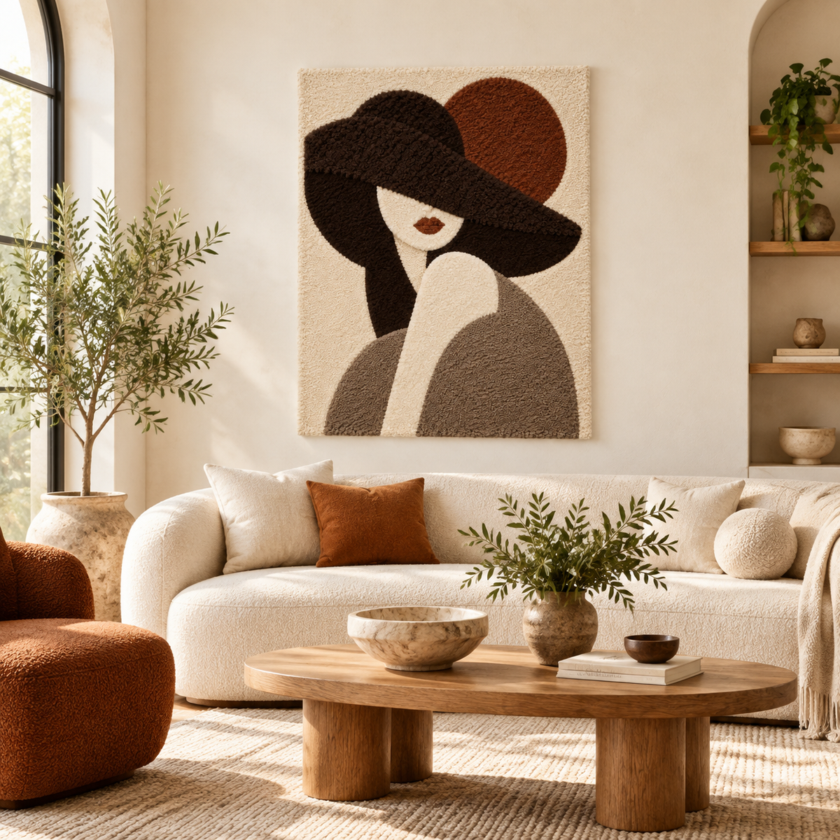 Hewn Earth Quiet Muse beneath Umber Brim wall art featuring abstract design in warm earthy tones for modern home decor.