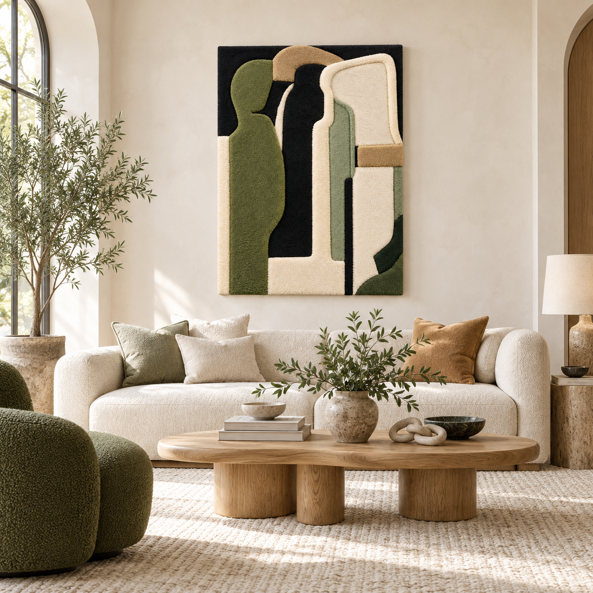 Quiet Olive Monoliths — front-facing room scene