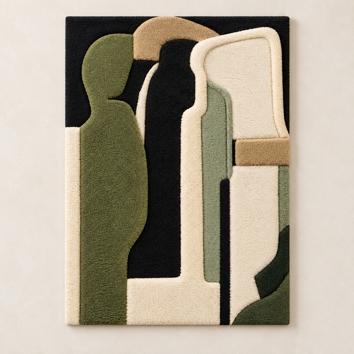 Hewn Earth Quiet Olive Monoliths wall art featuring abstract olive-green stone-like monoliths on a neutral background.