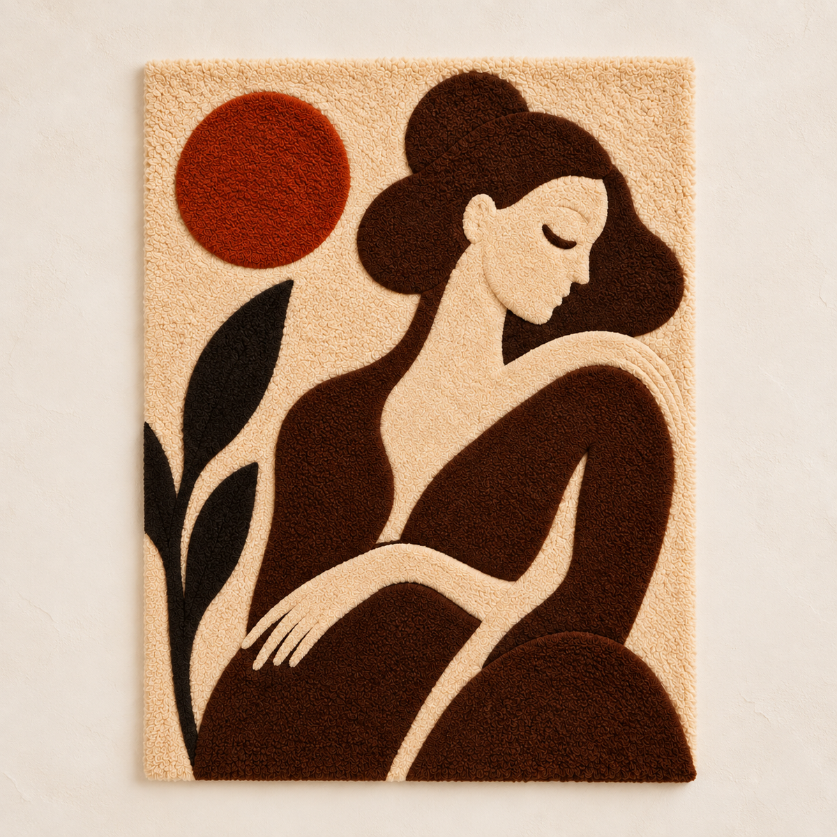 Hewn Earth wall art titled "Quiet Woman Under a Rust Sun" depicting a serene woman beneath a rust-colored sun